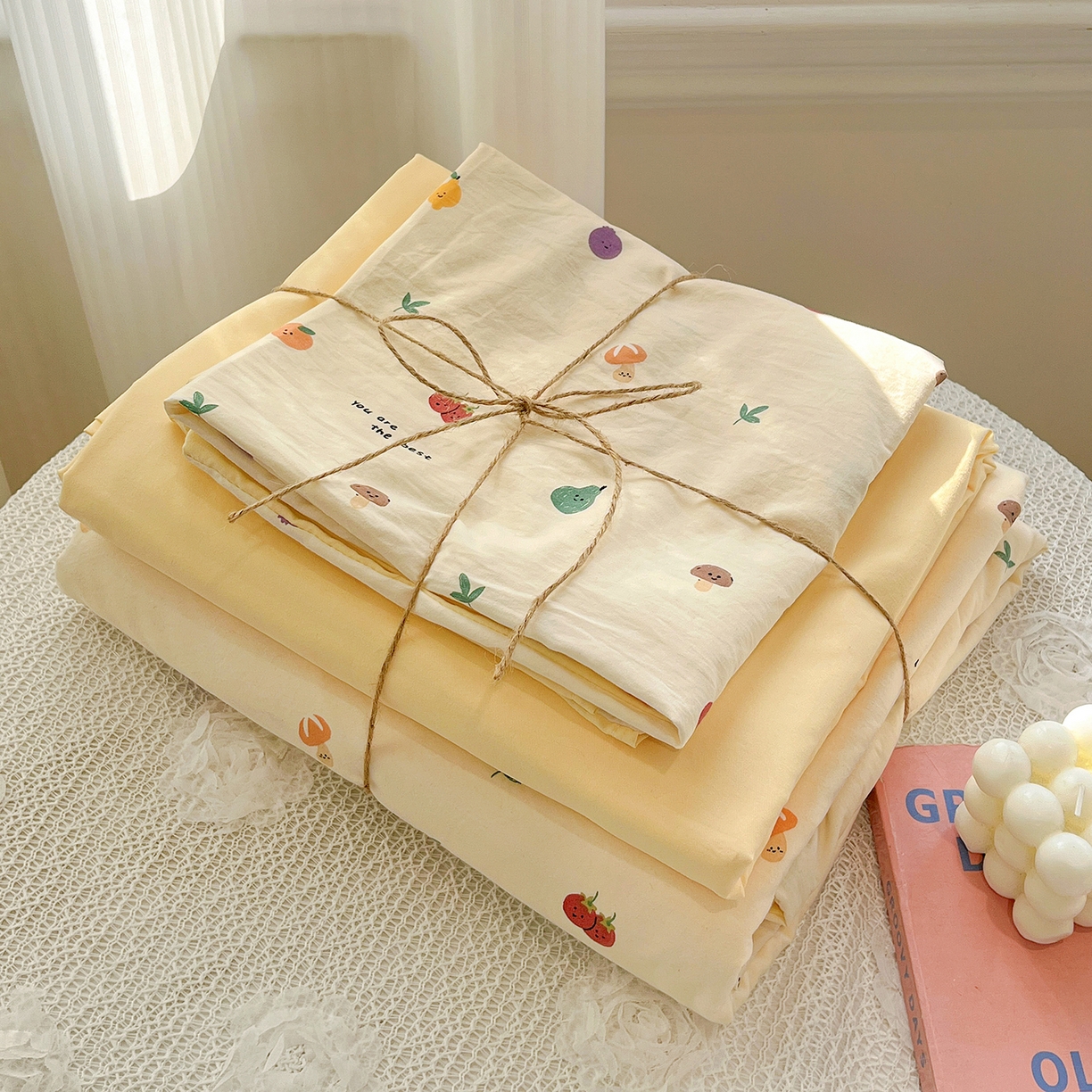 91家纺网 家纺一手货源 找家纺 梵克保罗 2026新款A类古法水洗仿棉云感纱四件套 南瓜果果