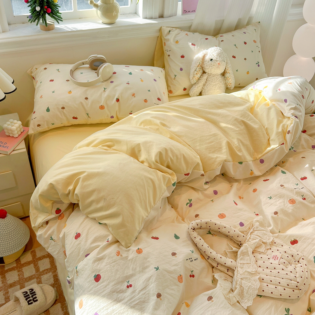 91家纺网 家纺一手货源 找家纺 梵克保罗 2026新款A类古法水洗仿棉云感纱四件套 南瓜果果