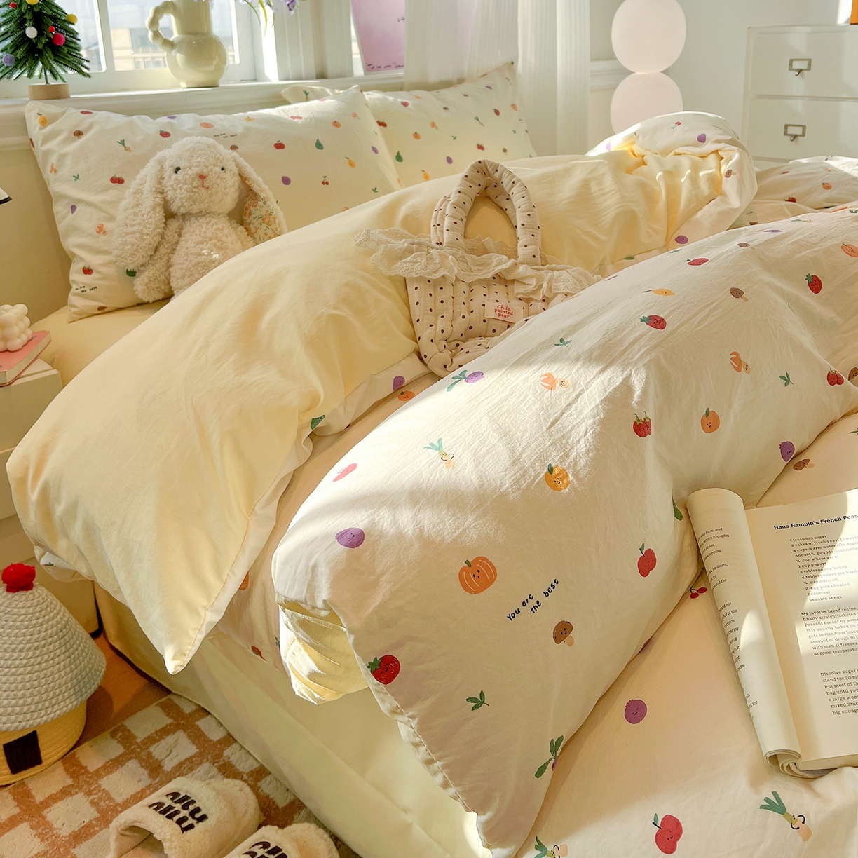 91家纺网 家纺一手货源 找家纺 梵克保罗 2026新款A类古法水洗仿棉云感纱四件套 南瓜果果