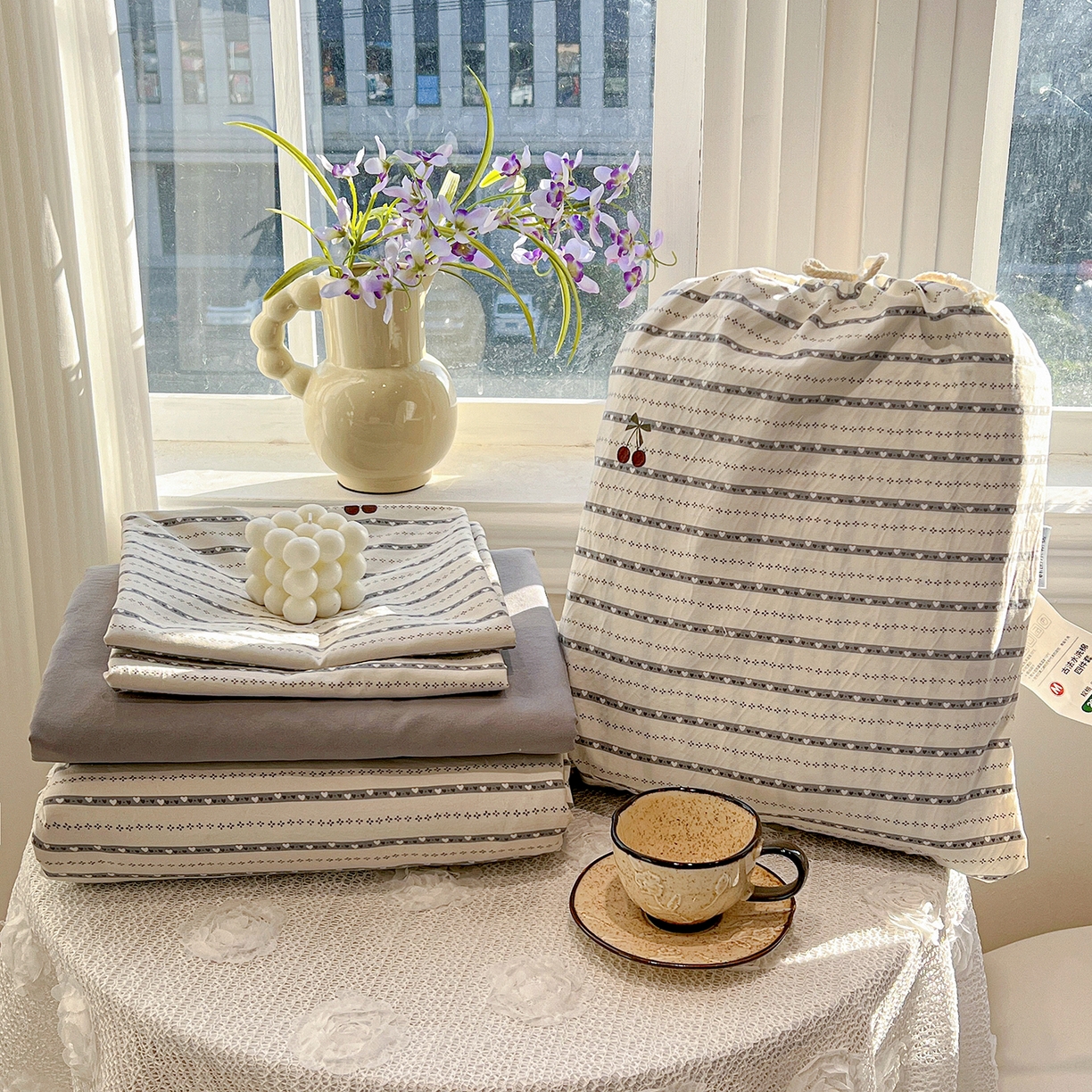 梵克保罗 2026新款A类古法水洗仿棉云感纱四件套 灰樱桃