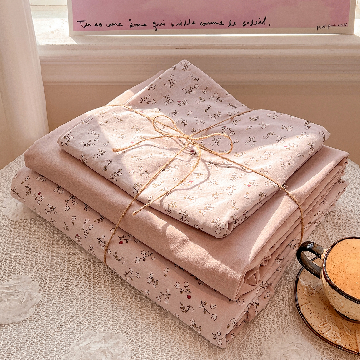 91家纺网 家纺一手货源 找家纺 梵克保罗 2026新款A类古法水洗仿棉云感纱四件套 浅梦