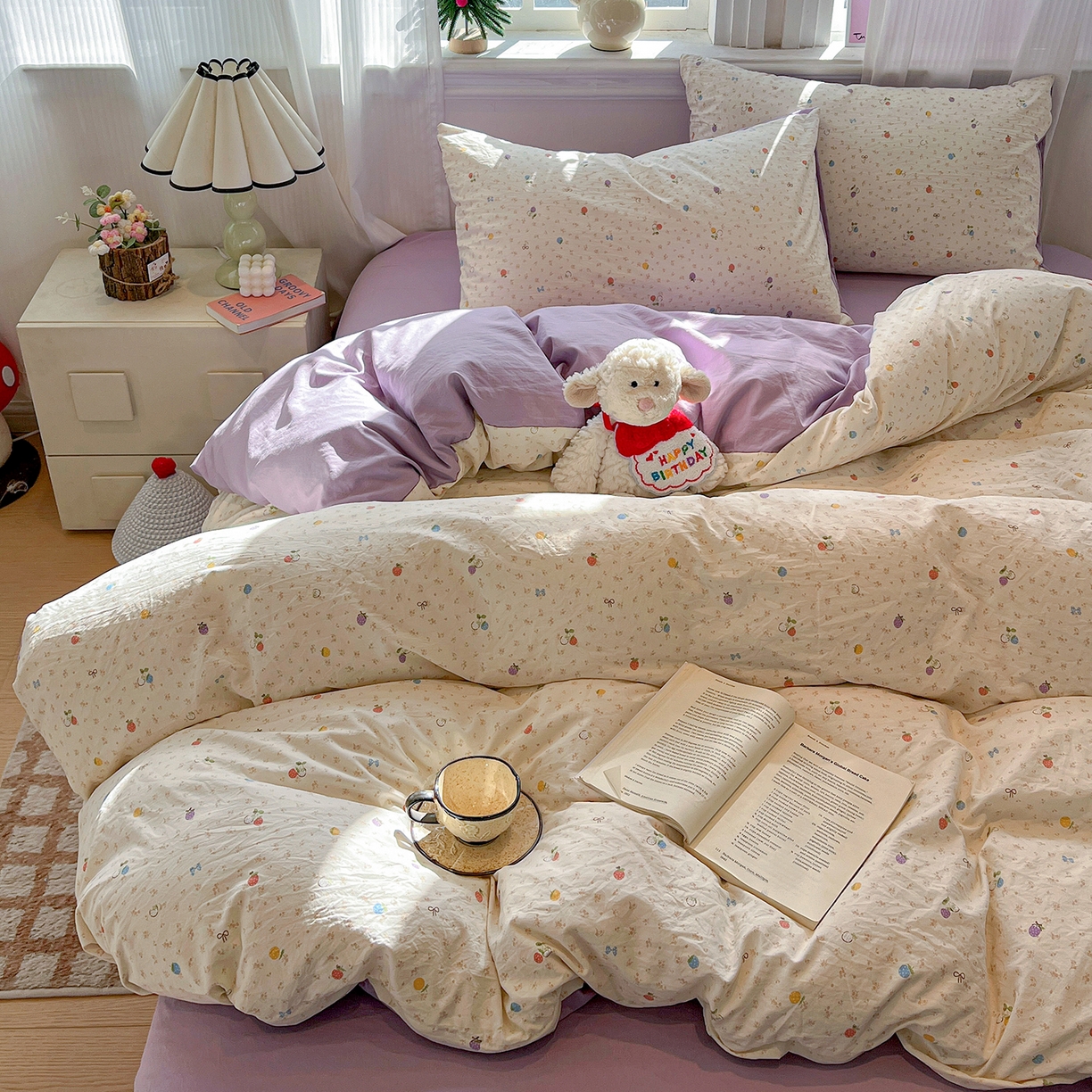 91家纺网 家纺一手货源 找家纺 梵克保罗 2026新款A类古法水洗仿棉云感纱四件套 甜心草莓