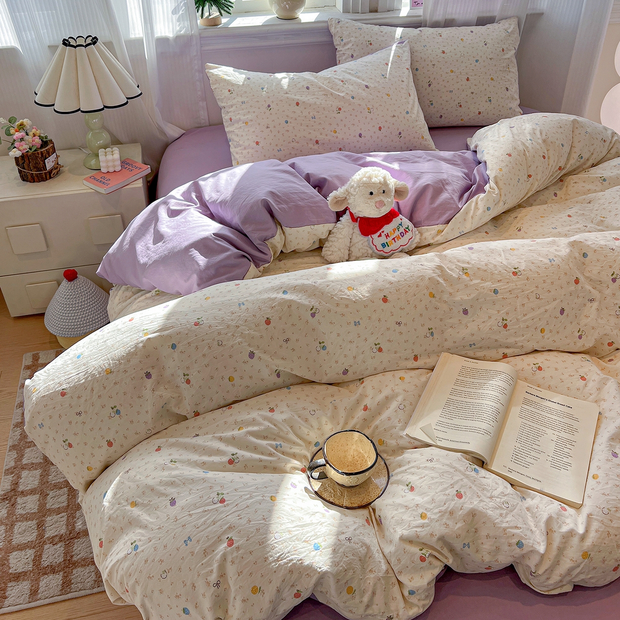 91家纺网 家纺一手货源 找家纺 梵克保罗 2026新款A类古法水洗仿棉云感纱四件套 甜心草莓