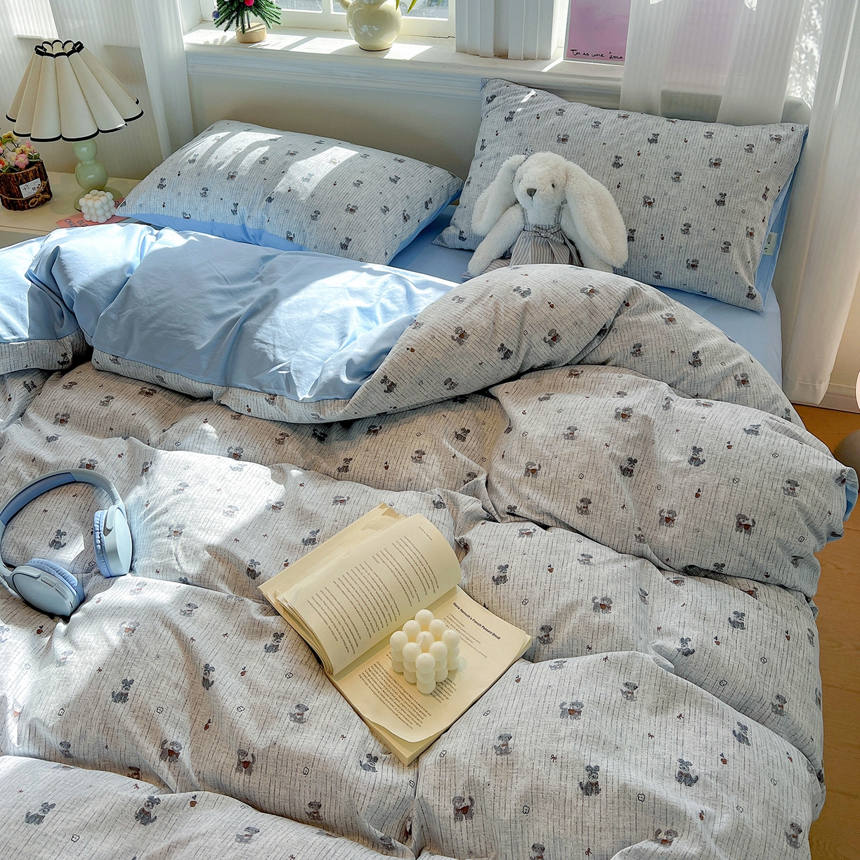 91家纺网 家纺一手货源 找家纺 梵克保罗 2026新款A类古法水洗仿棉云感纱四件套 条纹狗