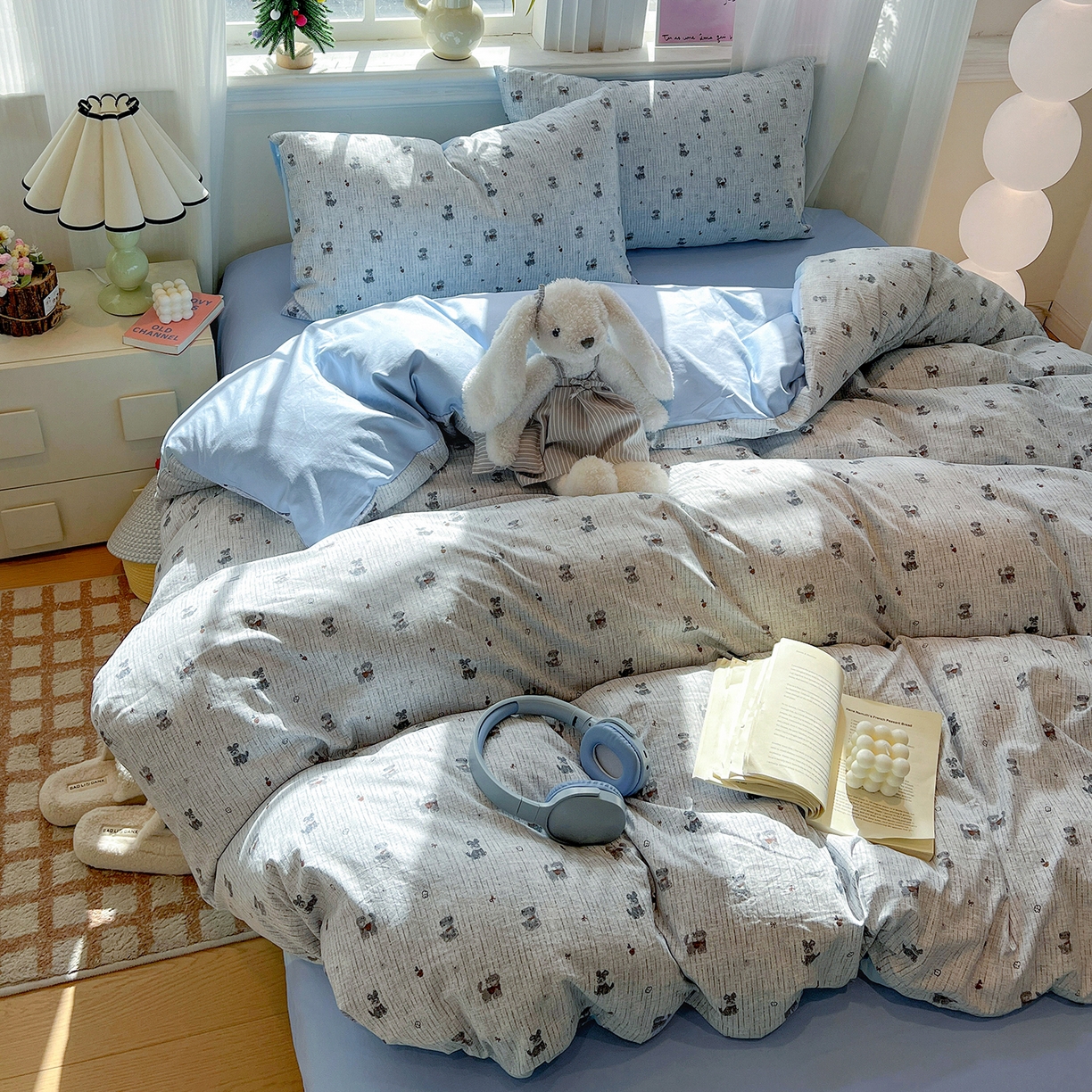 91家纺网 家纺一手货源 找家纺 梵克保罗 2026新款A类古法水洗仿棉云感纱四件套 条纹狗