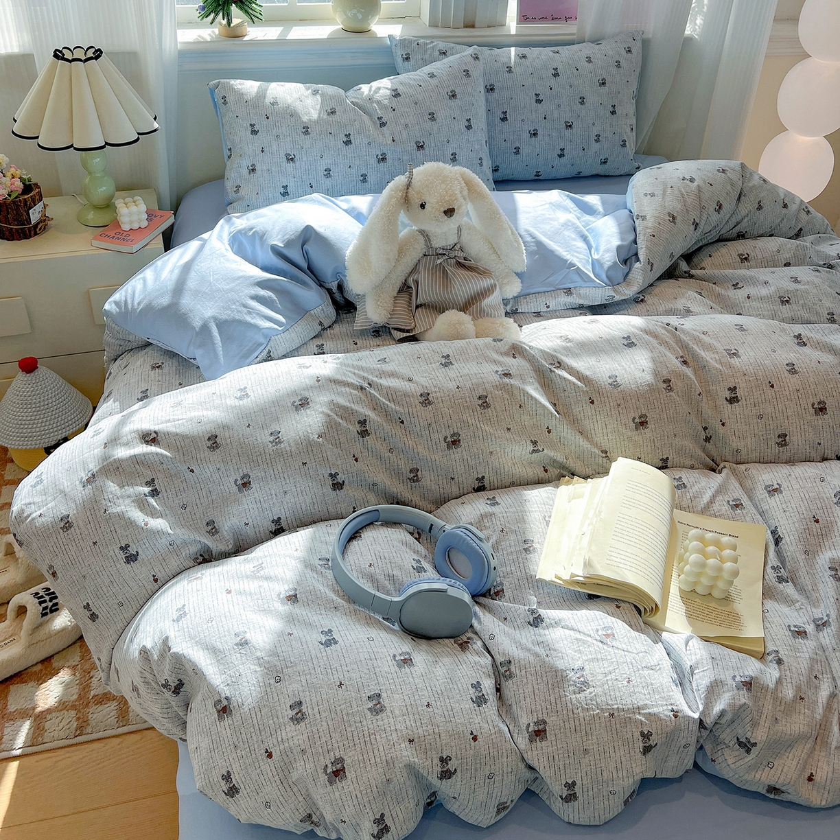 91家纺网 家纺一手货源 找家纺 梵克保罗 2026新款A类古法水洗仿棉云感纱四件套 条纹狗