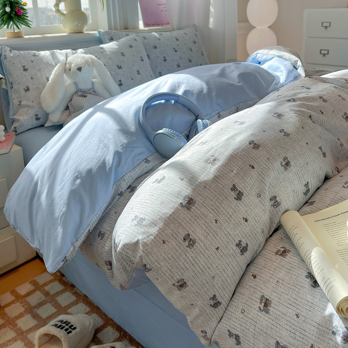 91家纺网 家纺一手货源 找家纺 梵克保罗 2026新款A类古法水洗仿棉云感纱四件套 条纹狗