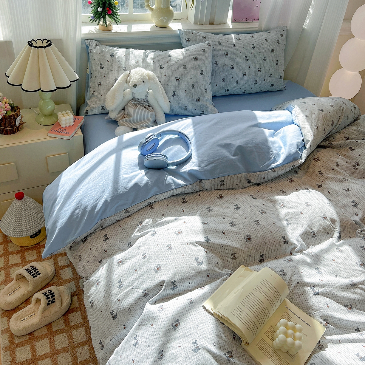 91家纺网 家纺一手货源 找家纺 梵克保罗 2026新款A类古法水洗仿棉云感纱四件套 条纹狗