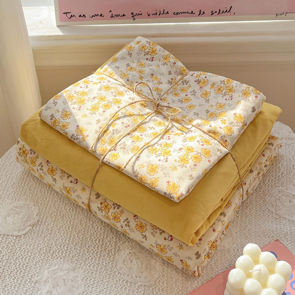 91家纺网 家纺一手货源 找家纺 梵克保罗 2026新款A类古法水洗仿棉云感纱四件套 小黄花