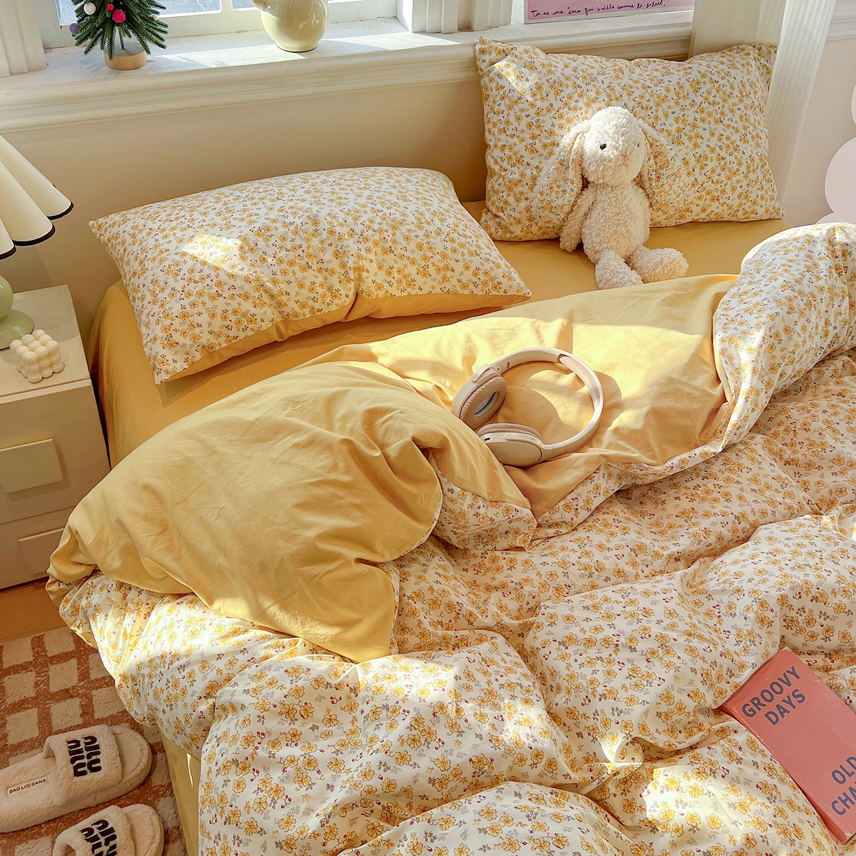 91家纺网 家纺一手货源 找家纺 梵克保罗 2026新款A类古法水洗仿棉云感纱四件套 小黄花