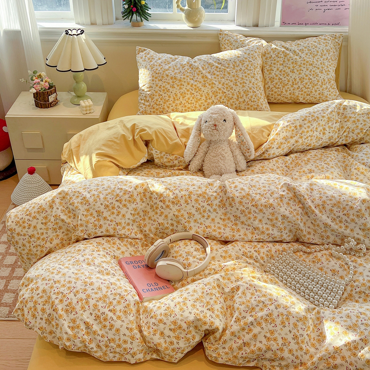 91家纺网 家纺一手货源 找家纺 梵克保罗 2026新款A类古法水洗仿棉云感纱四件套 小黄花