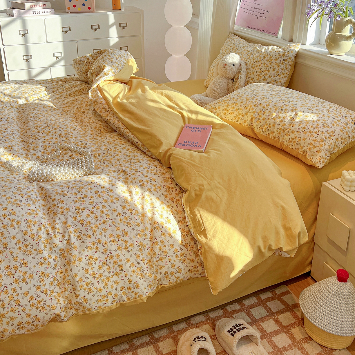 91家纺网 家纺一手货源 找家纺 梵克保罗 2026新款A类古法水洗仿棉云感纱四件套 小黄花