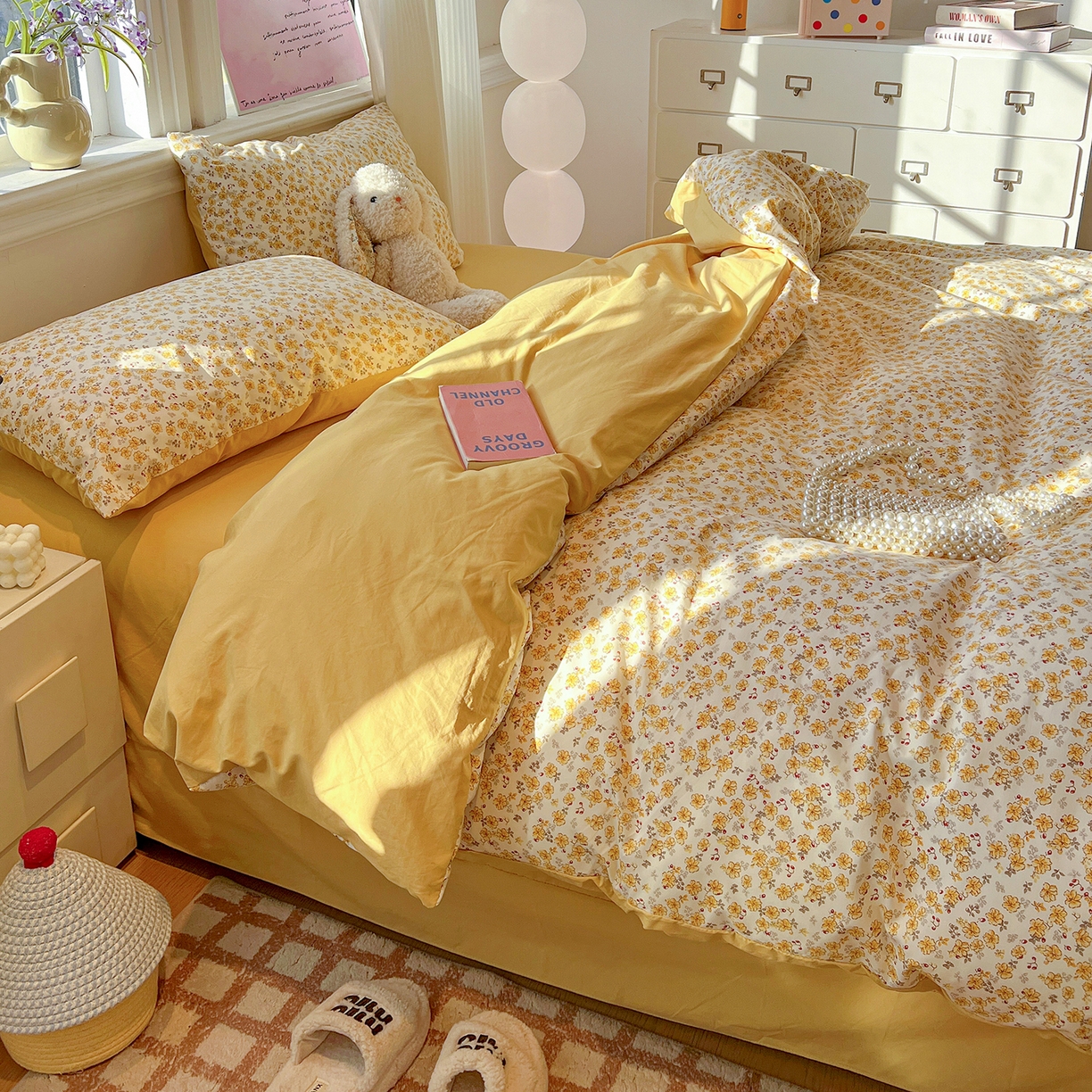 91家纺网 家纺一手货源 找家纺 梵克保罗 2026新款A类古法水洗仿棉云感纱四件套 小黄花