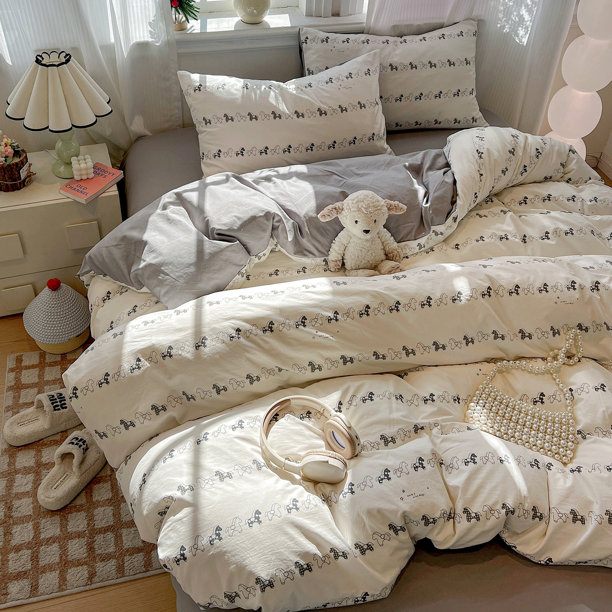 91家纺网 家纺一手货源 找家纺 梵克保罗 2026新款A类古法水洗仿棉云感纱四件套 小木马