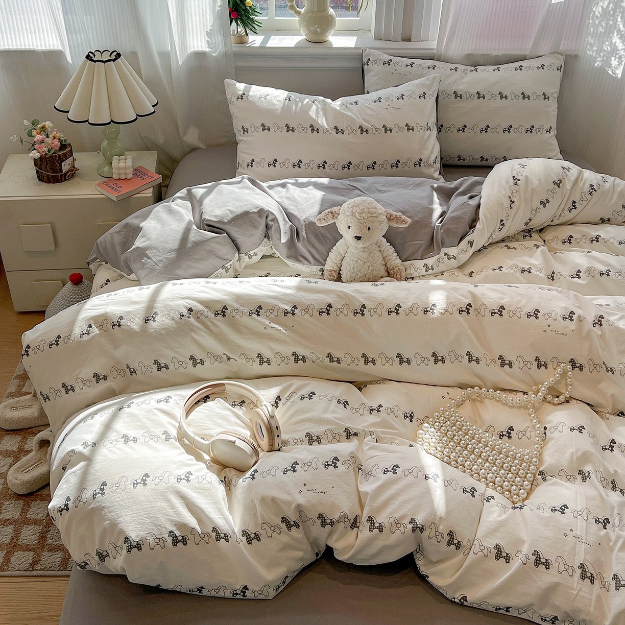 91家纺网 家纺一手货源 找家纺 梵克保罗 2026新款A类古法水洗仿棉云感纱四件套 小木马