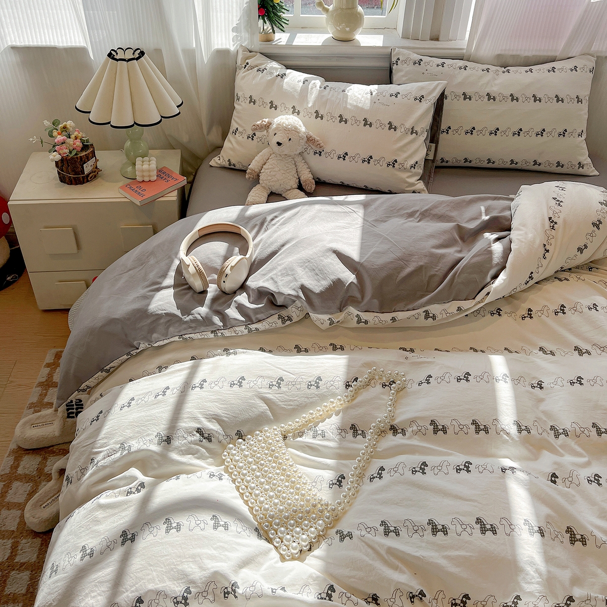 91家纺网 家纺一手货源 找家纺 梵克保罗 2026新款A类古法水洗仿棉云感纱四件套 小木马