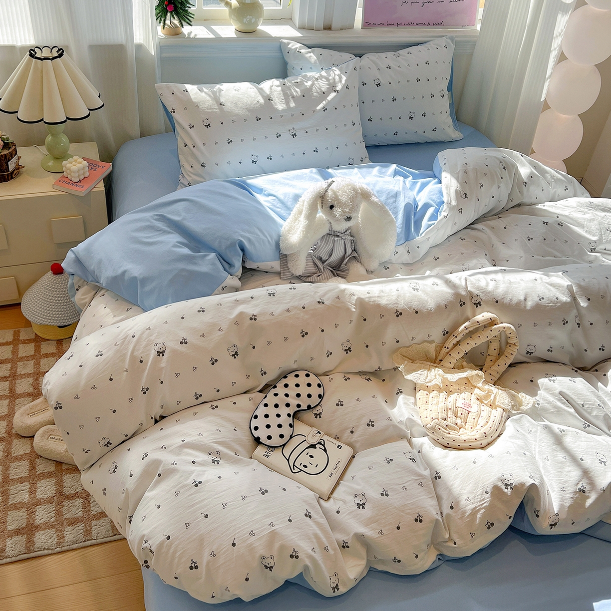 91家纺网 家纺一手货源 找家纺 梵克保罗 2026新款A类古法水洗仿棉云感纱四件套 樱桃熊