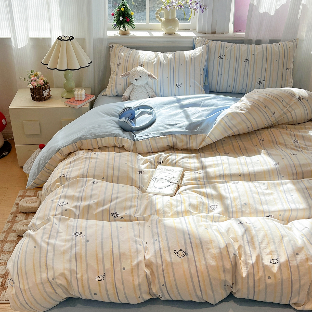 91家纺网 家纺一手货源 找家纺 梵克保罗 2026新款A类古法水洗仿棉云感纱四件套 鱼多多