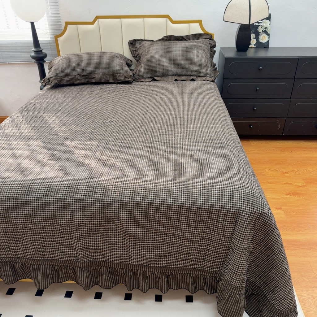 91家纺网 家纺一手货源 找家纺 暖居 2026年新款全棉色织水洗棉高温砂洗床盖三件套四件套 松野