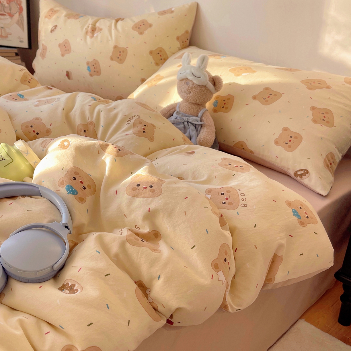 91家纺网 家纺一手货源 找家纺 沐芷 2026 【提供买家秀】A类软糯水洗棉四件套床上宿舍三件套床单被套 黄油小熊