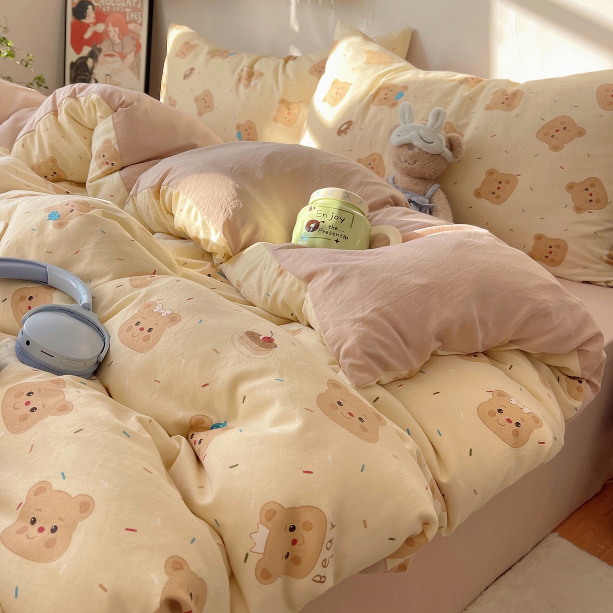 91家纺网 家纺一手货源 找家纺 沐芷 2026 【提供买家秀】A类软糯水洗棉四件套床上宿舍三件套床单被套 黄油小熊