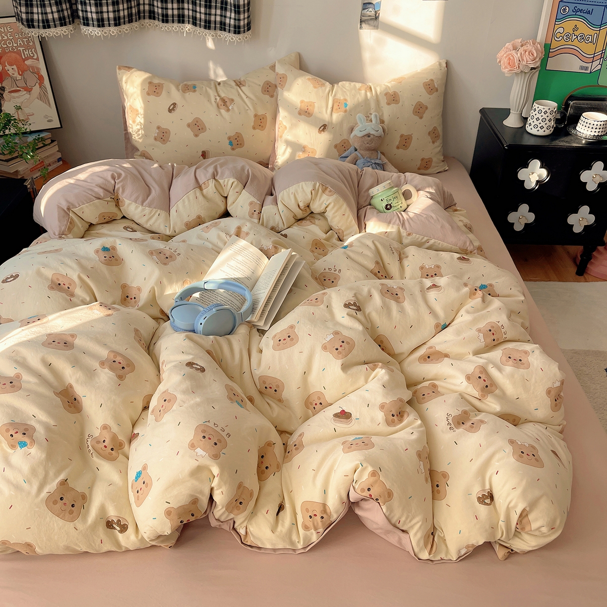 91家纺网 家纺一手货源 找家纺 沐芷 2026 【提供买家秀】A类软糯水洗棉四件套床上宿舍三件套床单被套 黄油小熊