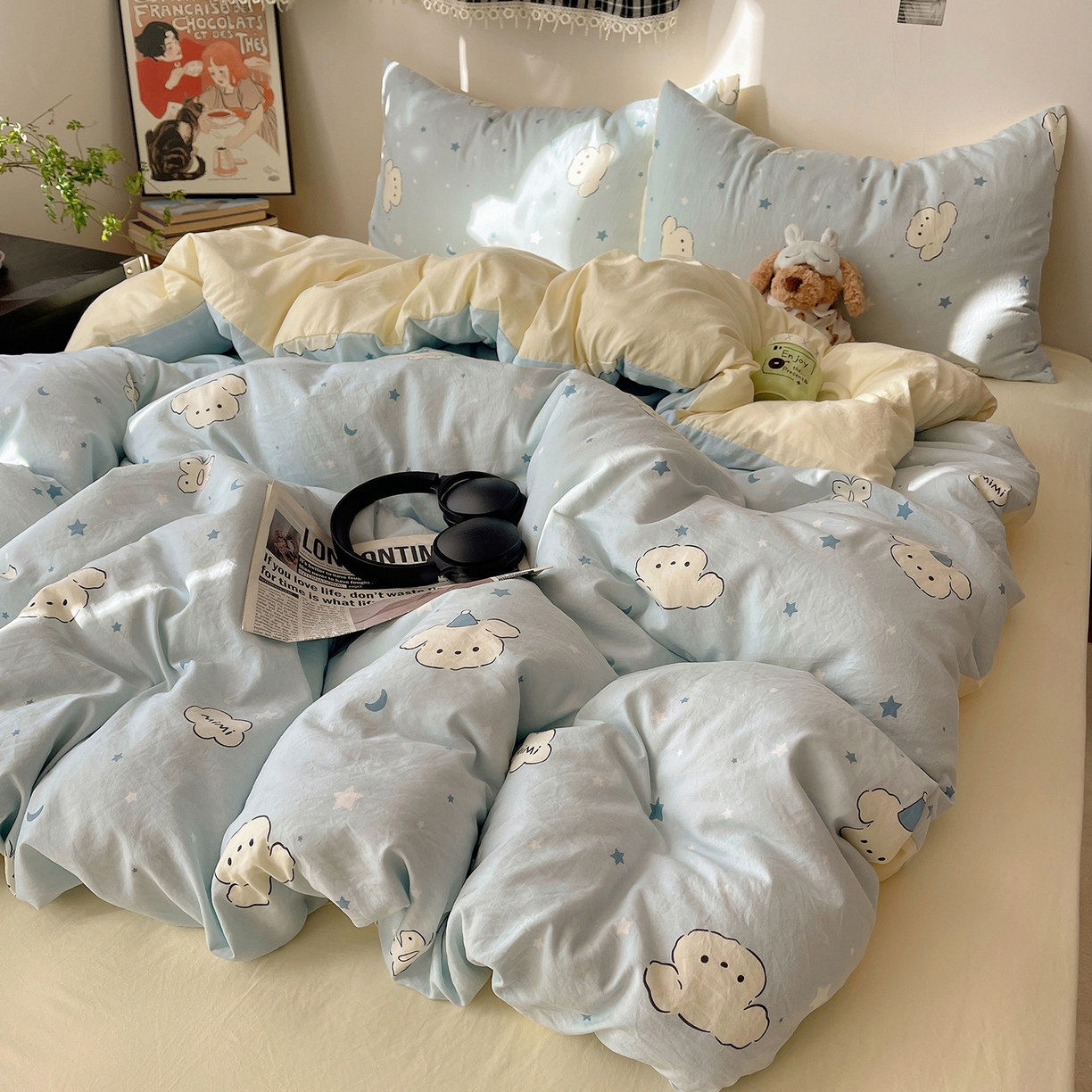 91家纺网 家纺一手货源 找家纺 沐芷 2026 【提供买家秀】A类软糯水洗棉四件套床上宿舍三件套床单被套 星空狗