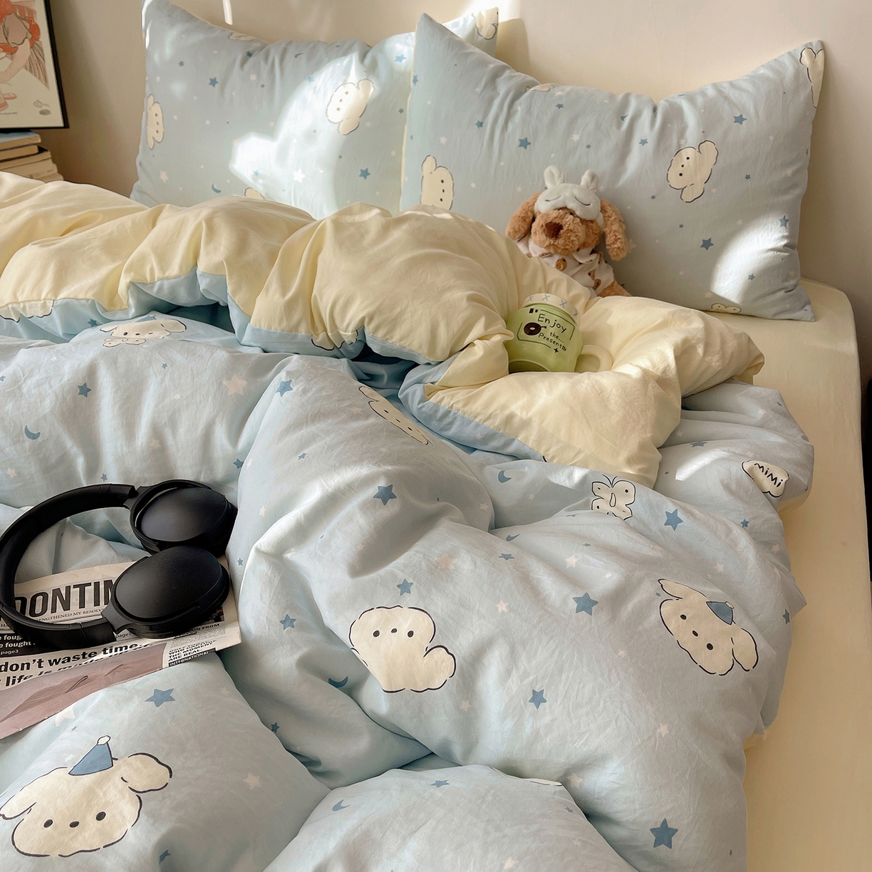 91家纺网 家纺一手货源 找家纺 沐芷 2026 【提供买家秀】A类软糯水洗棉四件套床上宿舍三件套床单被套 星空狗