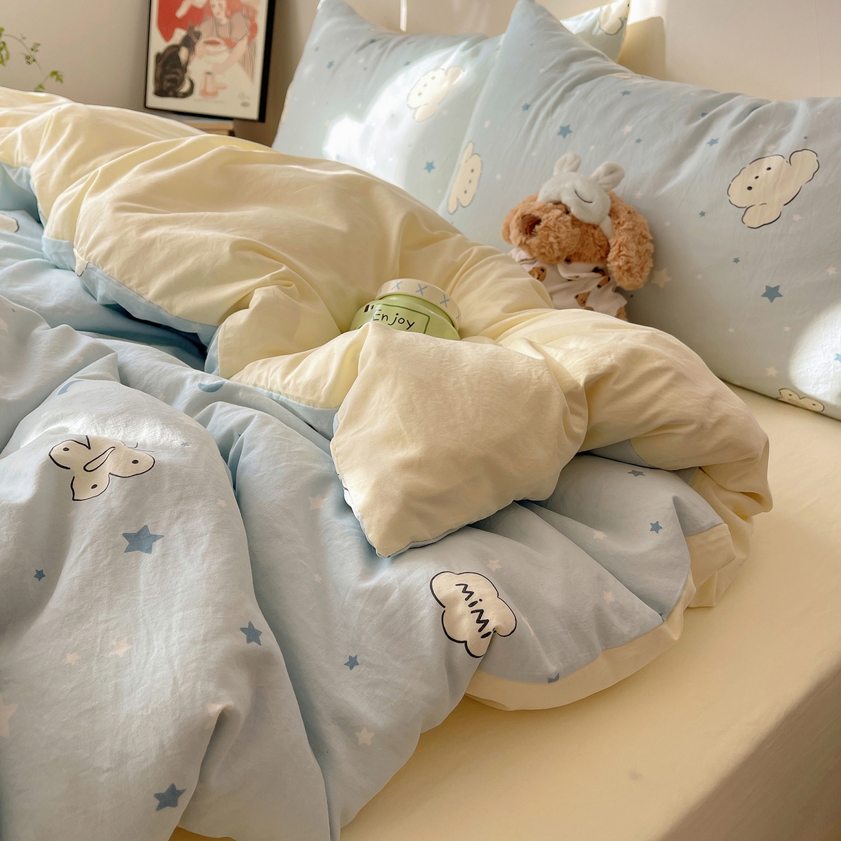 91家纺网 家纺一手货源 找家纺 沐芷 2026 【提供买家秀】A类软糯水洗棉四件套床上宿舍三件套床单被套 星空狗