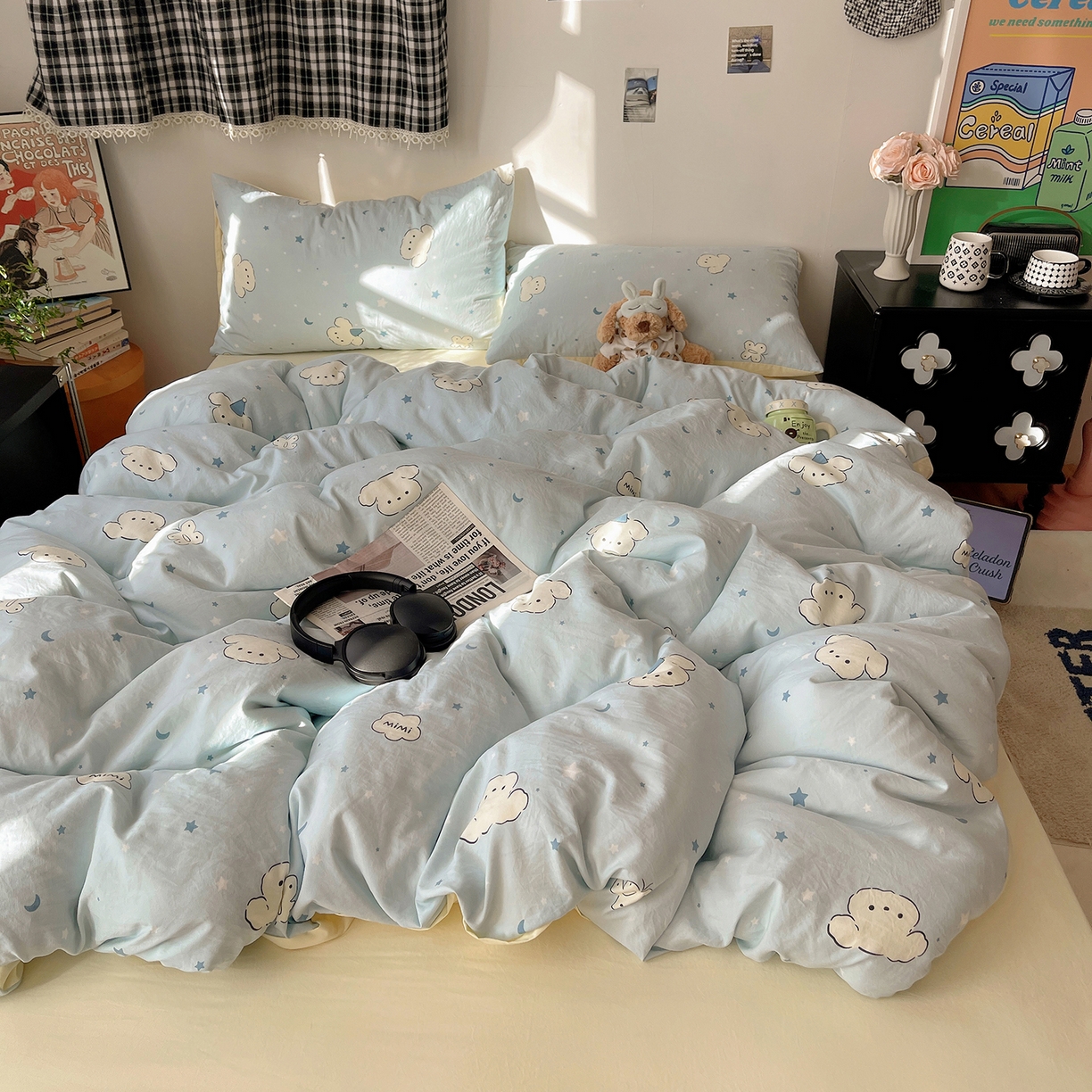 91家纺网 家纺一手货源 找家纺 沐芷 2026 【提供买家秀】A类软糯水洗棉四件套床上宿舍三件套床单被套 星空狗