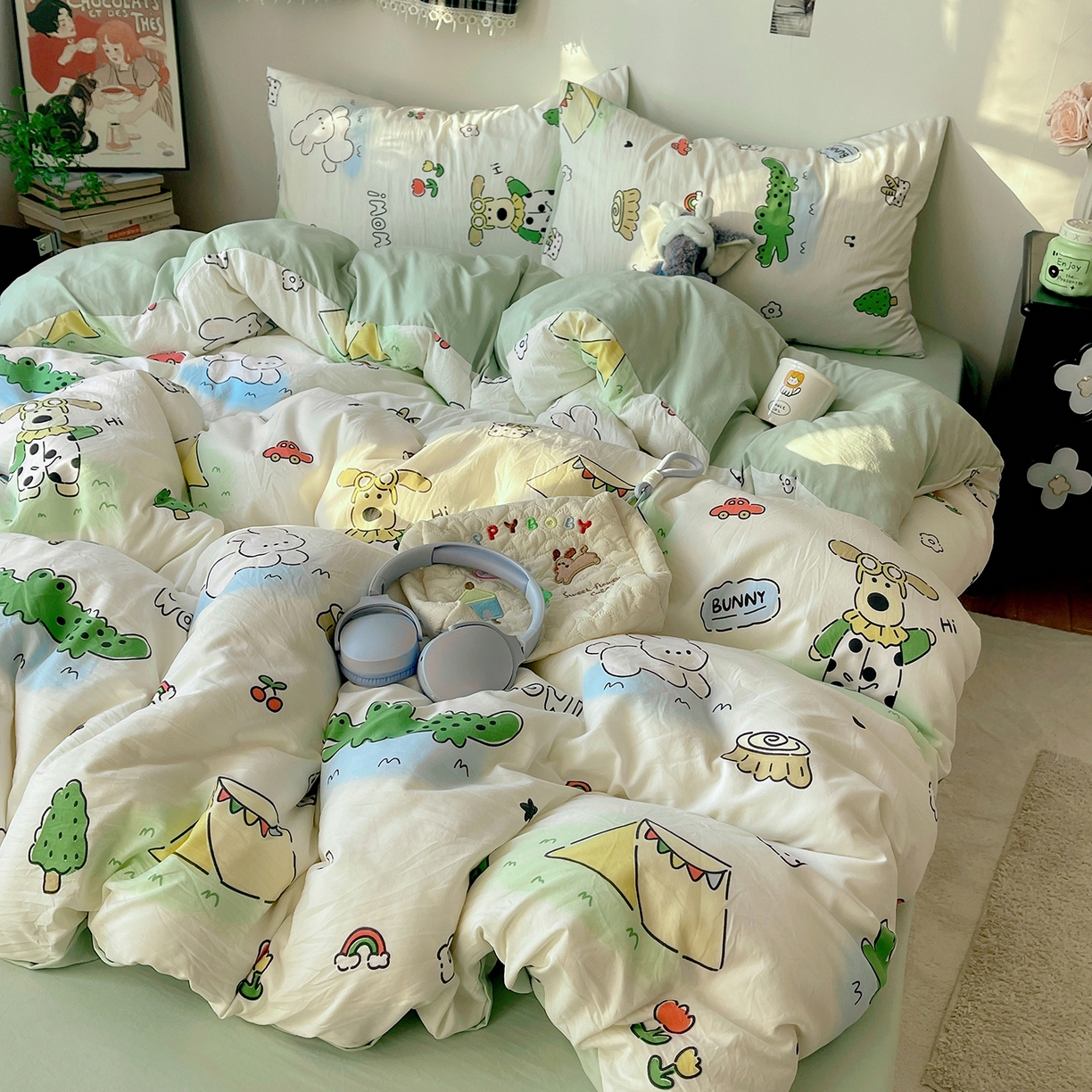 91家纺网 家纺一手货源 找家纺 沐芷 2026 【提供买家秀】A类软糯水洗棉四件套床上宿舍三件套床单被套 动物农场