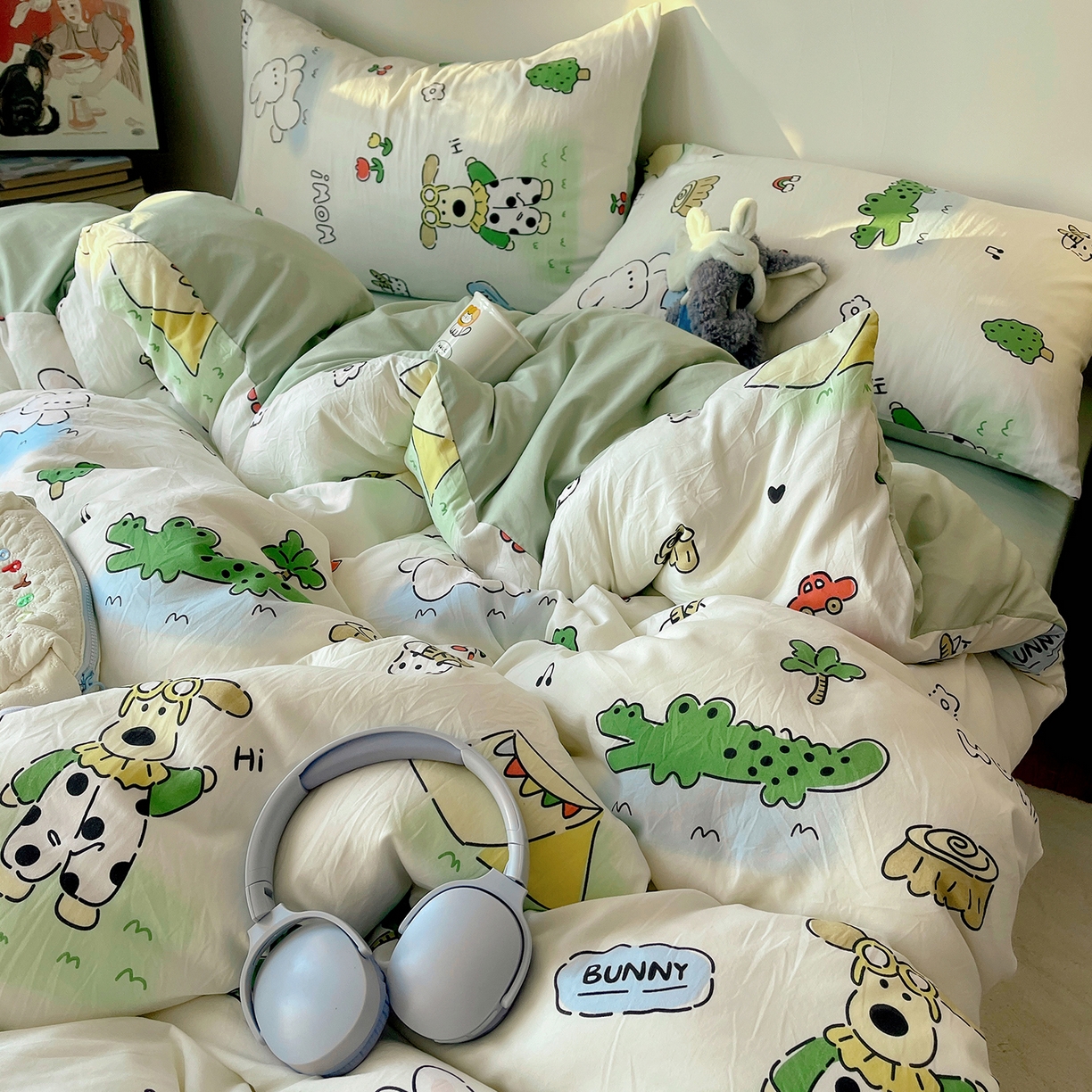 91家纺网 家纺一手货源 找家纺 沐芷 2026 【提供买家秀】A类软糯水洗棉四件套床上宿舍三件套床单被套 动物农场