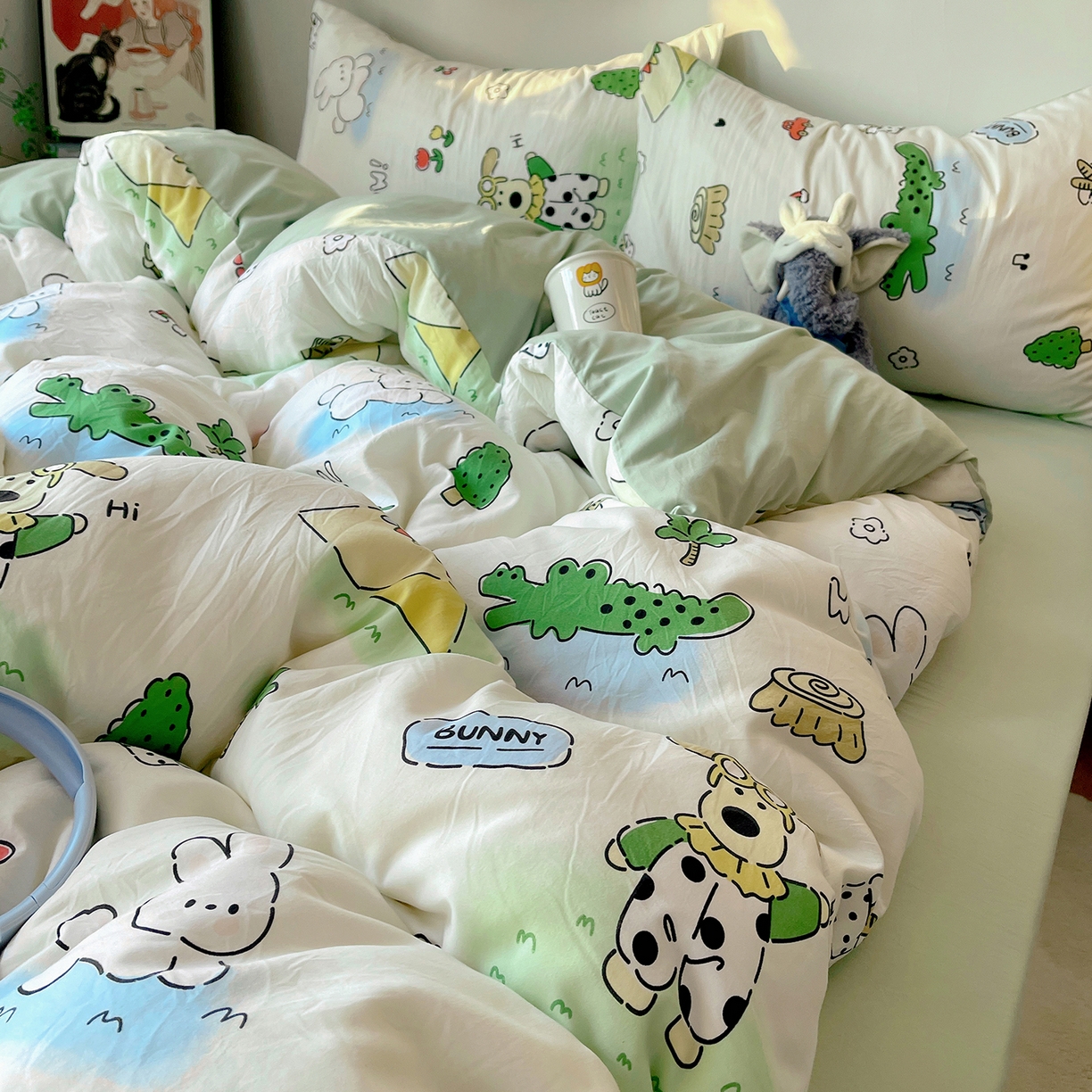 91家纺网 家纺一手货源 找家纺 沐芷 2026 【提供买家秀】A类软糯水洗棉四件套床上宿舍三件套床单被套 动物农场