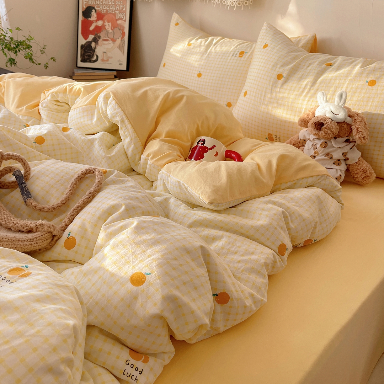 沐芷 2026 【提供买家秀】A类软糯水洗棉四件套床上宿舍三件套床单被套 格子橘