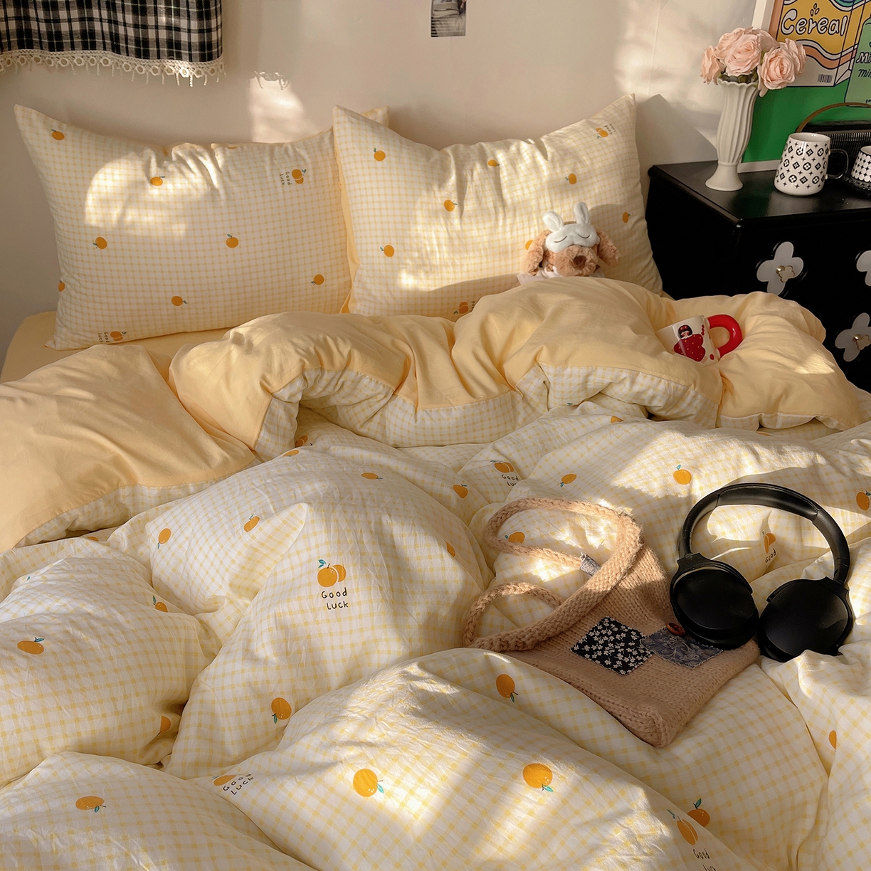 91家纺网 家纺一手货源 找家纺 沐芷 2026 【提供买家秀】A类软糯水洗棉四件套床上宿舍三件套床单被套 格子橘