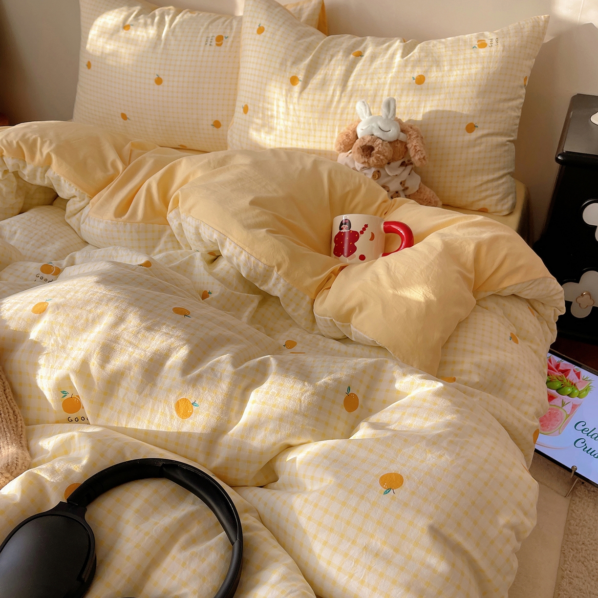 91家纺网 家纺一手货源 找家纺 沐芷 2026 【提供买家秀】A类软糯水洗棉四件套床上宿舍三件套床单被套 格子橘