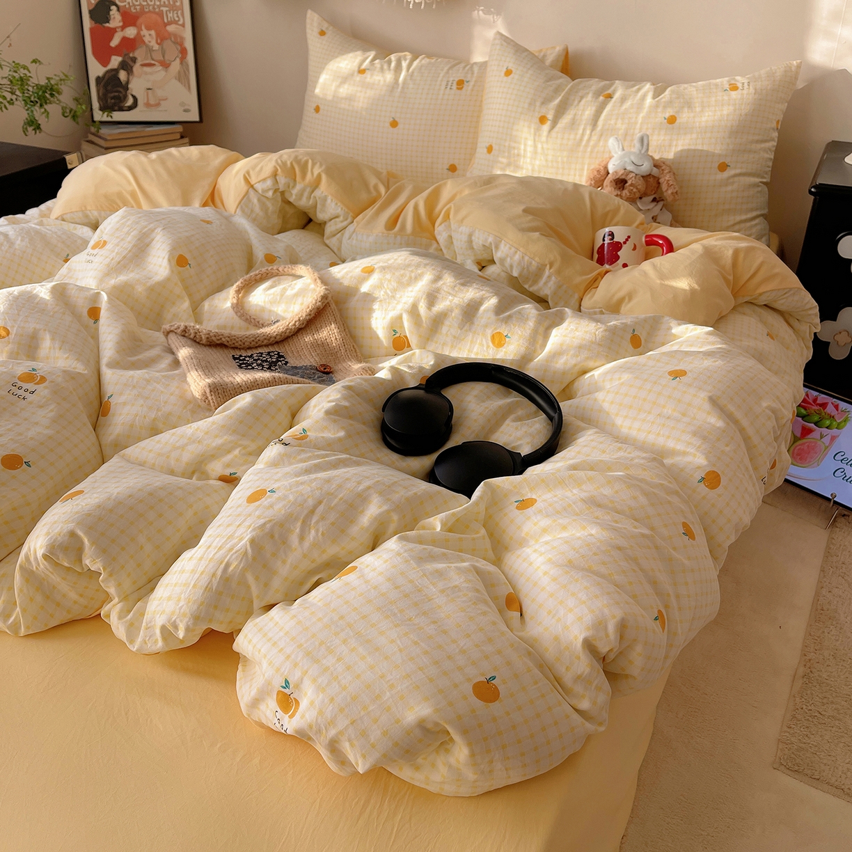 91家纺网 家纺一手货源 找家纺 沐芷 2026 【提供买家秀】A类软糯水洗棉四件套床上宿舍三件套床单被套 格子橘