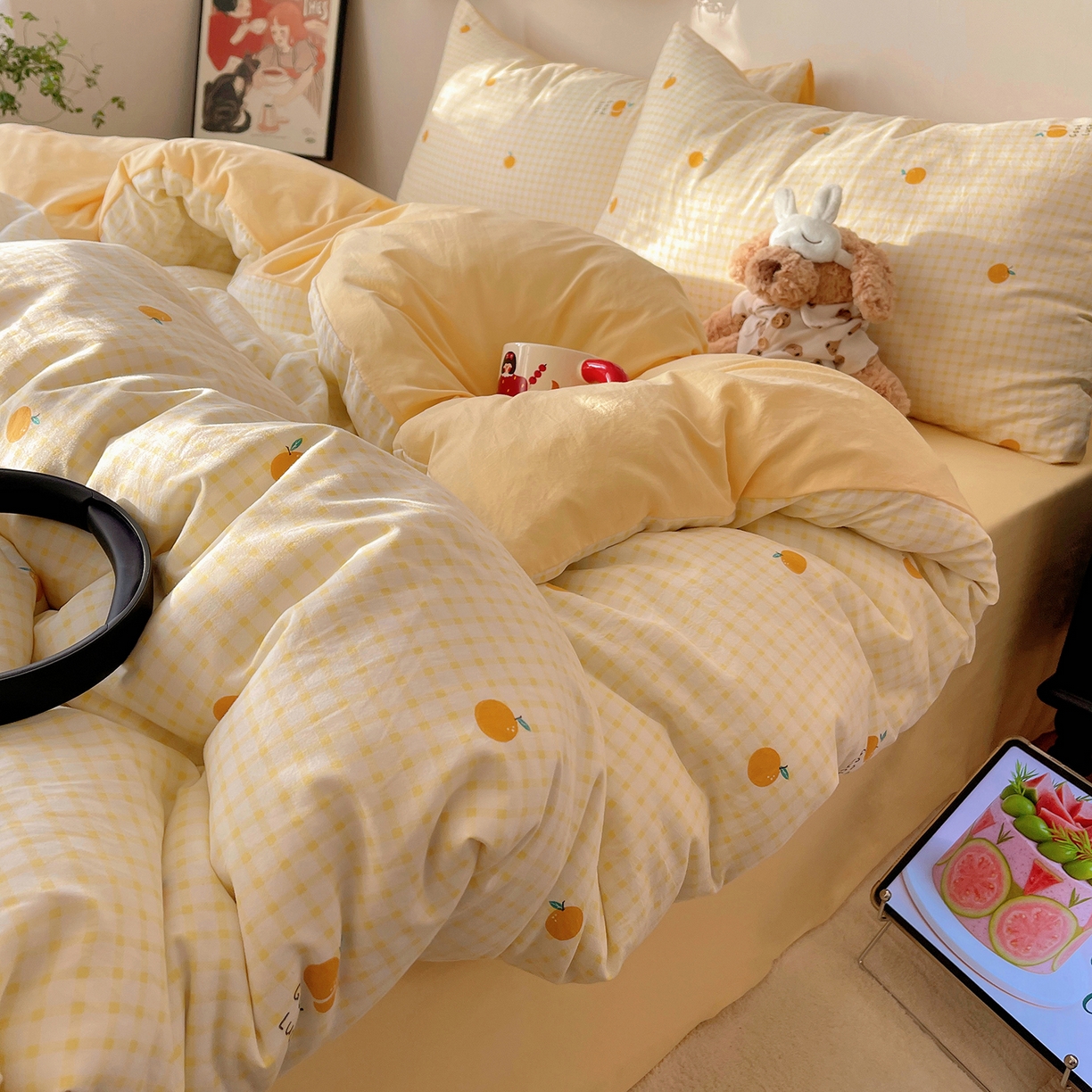 91家纺网 家纺一手货源 找家纺 沐芷 2026 【提供买家秀】A类软糯水洗棉四件套床上宿舍三件套床单被套 格子橘