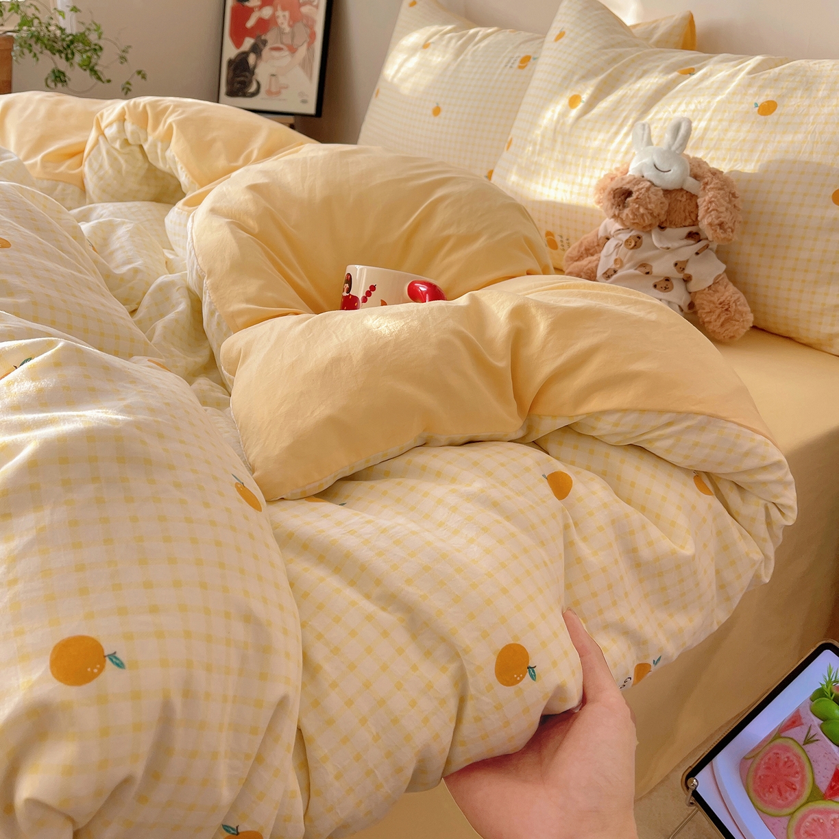 91家纺网 家纺一手货源 找家纺 沐芷 2026 【提供买家秀】A类软糯水洗棉四件套床上宿舍三件套床单被套 格子橘