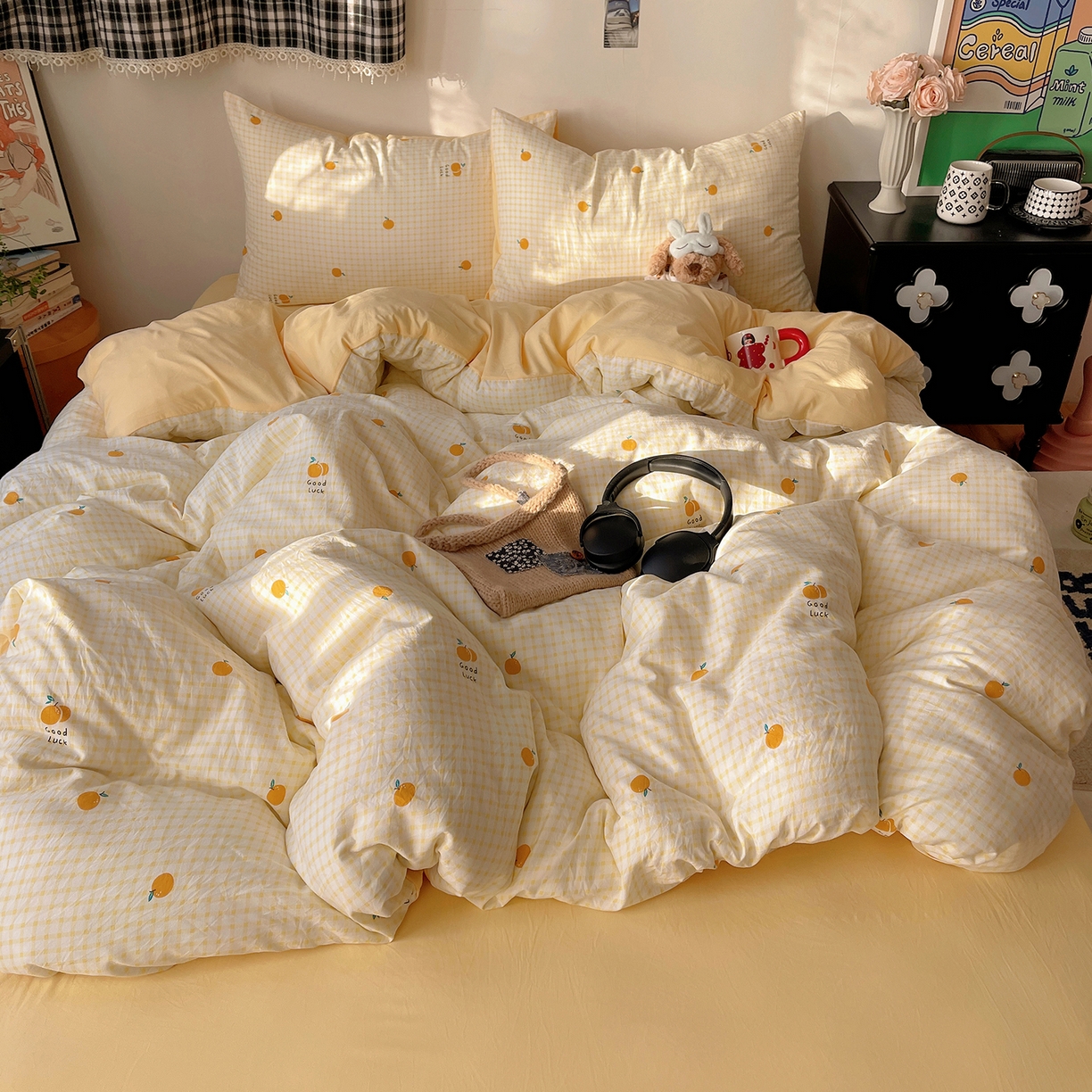 91家纺网 家纺一手货源 找家纺 沐芷 2026 【提供买家秀】A类软糯水洗棉四件套床上宿舍三件套床单被套 格子橘