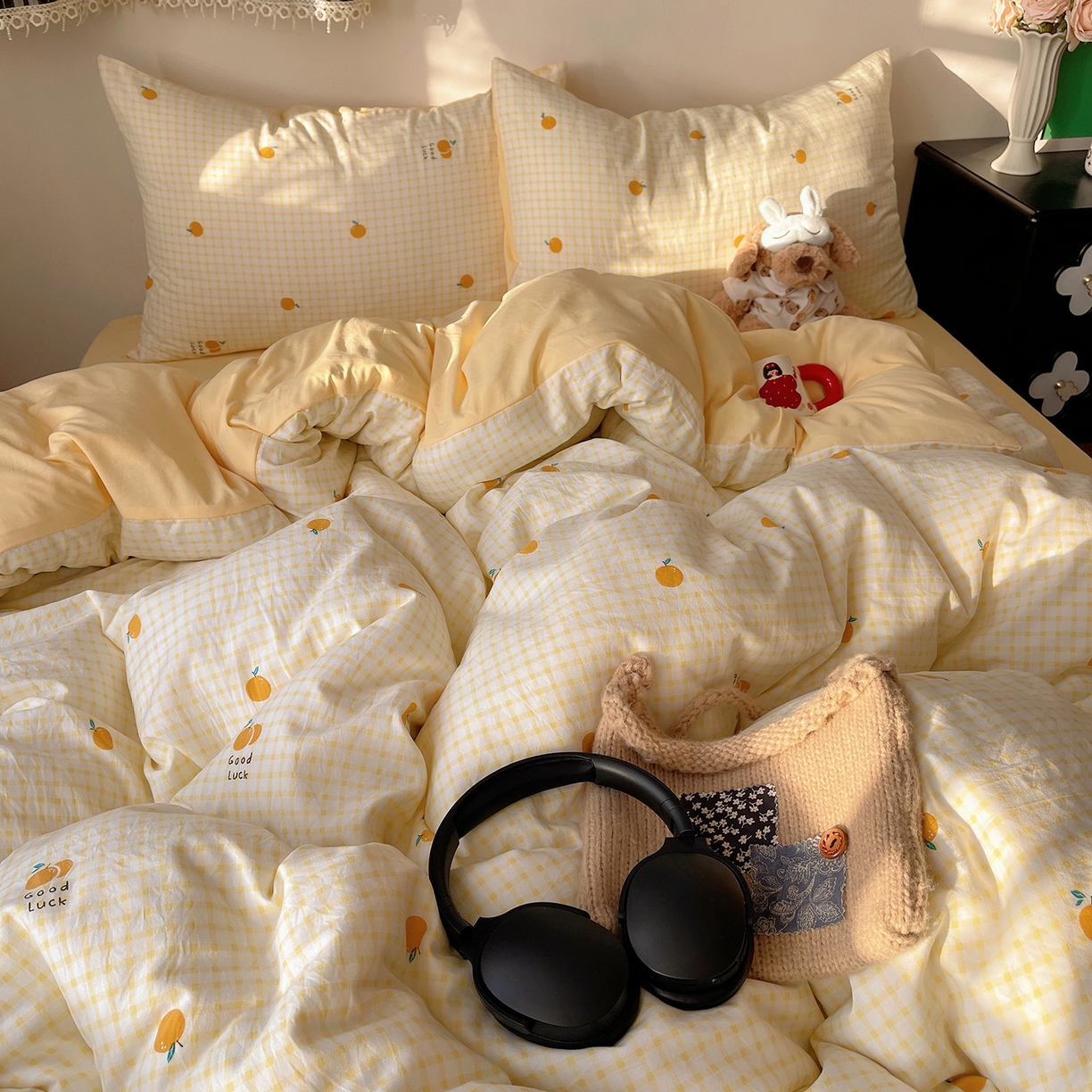 91家纺网 家纺一手货源 找家纺 沐芷 2026 【提供买家秀】A类软糯水洗棉四件套床上宿舍三件套床单被套 格子橘