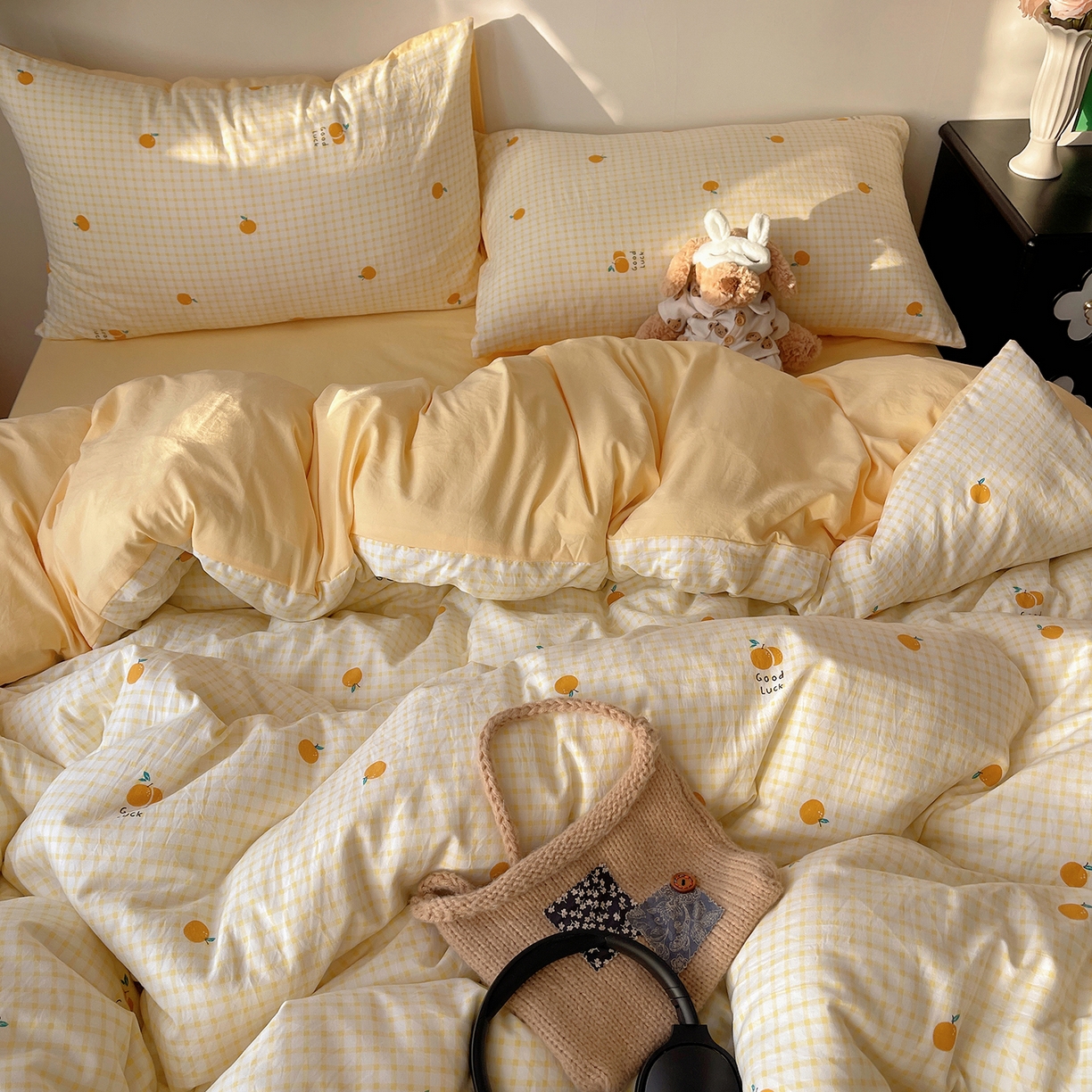 91家纺网 家纺一手货源 找家纺 沐芷 2026 【提供买家秀】A类软糯水洗棉四件套床上宿舍三件套床单被套 格子橘