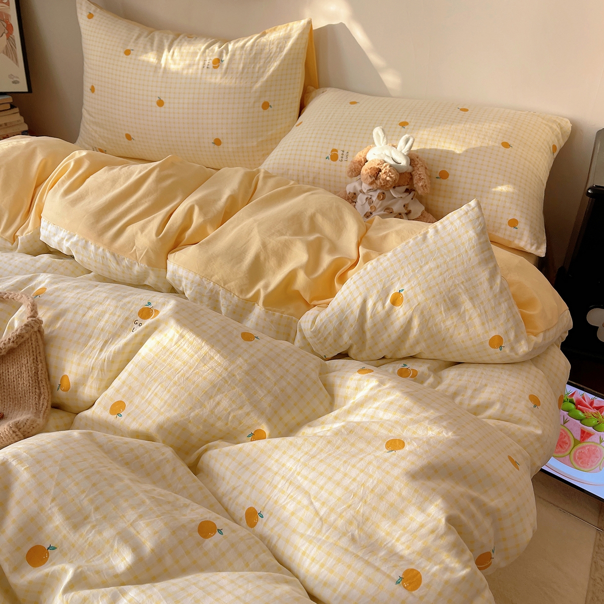 91家纺网 家纺一手货源 找家纺 沐芷 2026 【提供买家秀】A类软糯水洗棉四件套床上宿舍三件套床单被套 格子橘