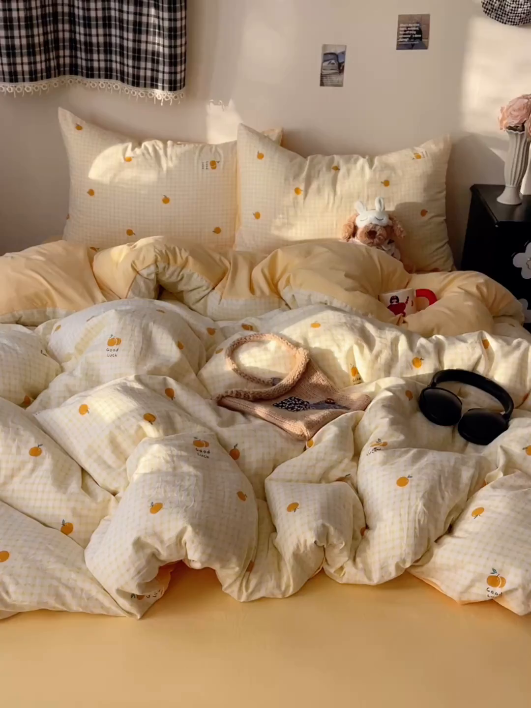 91家纺网 家纺一手货源 找家纺 沐芷 2026 【提供买家秀】A类软糯水洗棉四件套床上宿舍三件套床单被套 格子橘