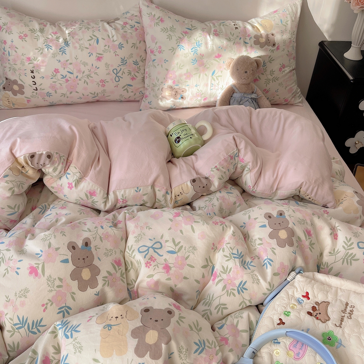 91家纺网 家纺一手货源 找家纺 沐芷 2026 【提供买家秀】A类软糯水洗棉四件套床上宿舍三件套床单被套 花仙兔兔