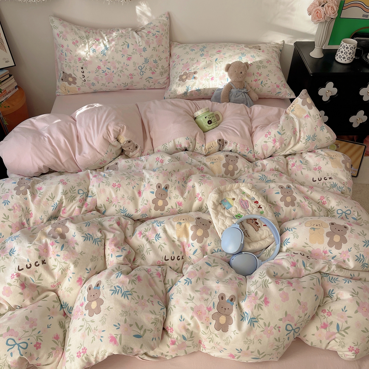 91家纺网 家纺一手货源 找家纺 沐芷 2026 【提供买家秀】A类软糯水洗棉四件套床上宿舍三件套床单被套 花仙兔兔