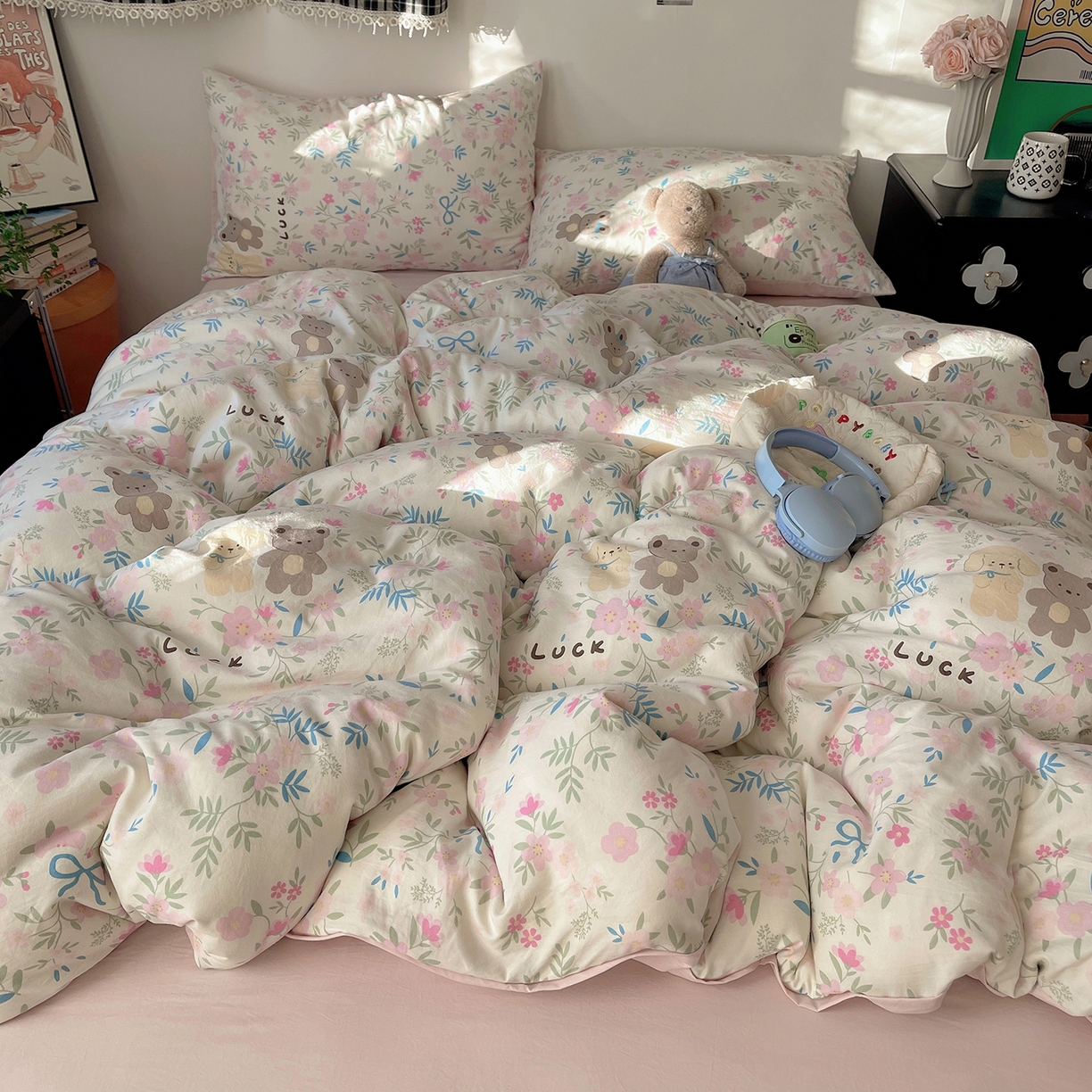 91家纺网 家纺一手货源 找家纺 沐芷 2026 【提供买家秀】A类软糯水洗棉四件套床上宿舍三件套床单被套 花仙兔兔