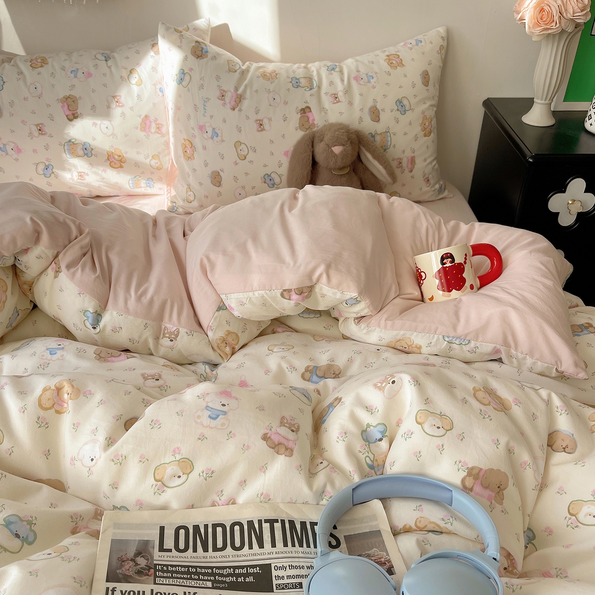 91家纺网 家纺一手货源 找家纺 沐芷 2026 【提供买家秀】A类软糯水洗棉四件套床上宿舍三件套床单被套 萌狗花花