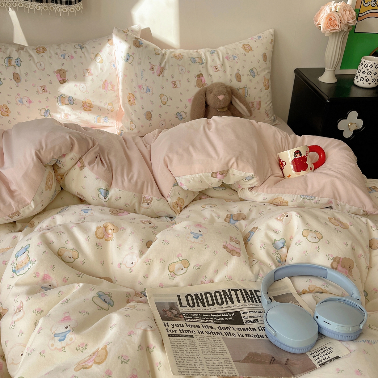 91家纺网 家纺一手货源 找家纺 沐芷 2026 【提供买家秀】A类软糯水洗棉四件套床上宿舍三件套床单被套 萌狗花花