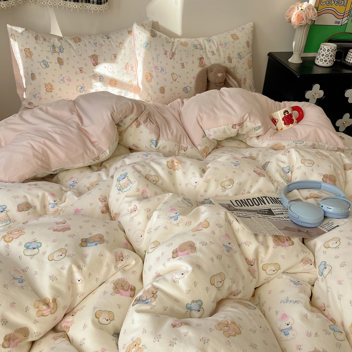 91家纺网 家纺一手货源 找家纺 沐芷 2026 【提供买家秀】A类软糯水洗棉四件套床上宿舍三件套床单被套 萌狗花花